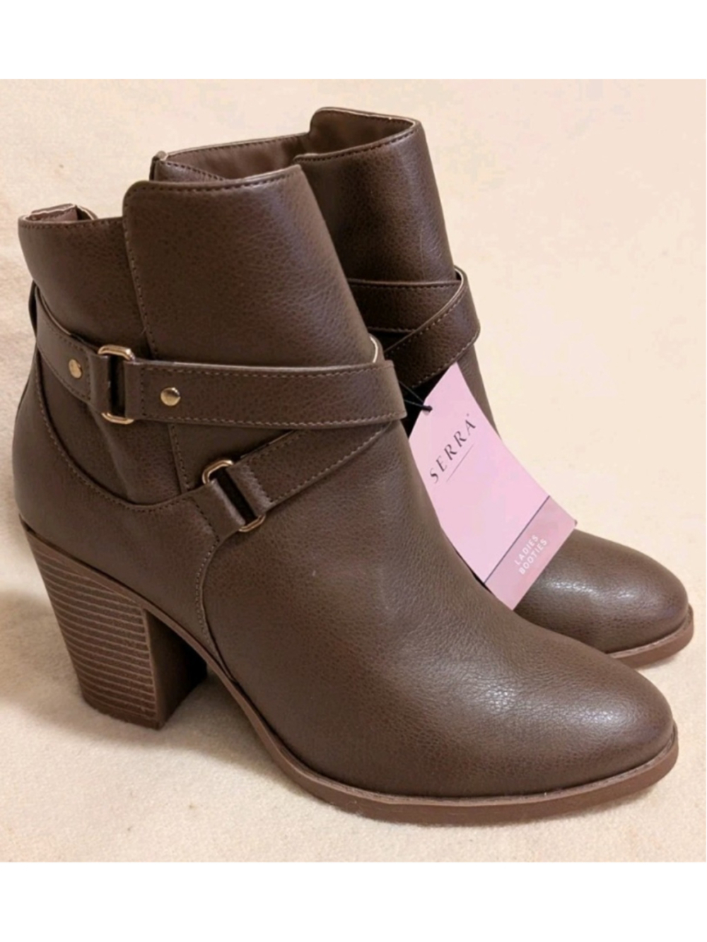 SERRA Ladies Ankle Booties Size 9 Zipper Buckle Strap Brown B114